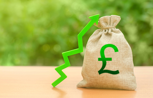 Money bag with pound sterling symbol and green up arrow