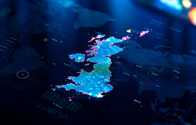 Map of United Kingdom on digital display