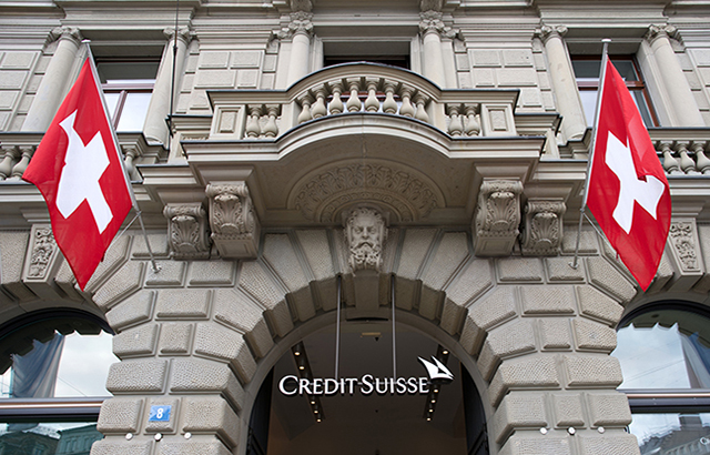 Entrance of historic bank building of Swiss bank Credit Suisse., Zurich, Switzerland.