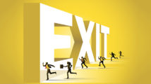 An illustration of group of business people towards giant exit word