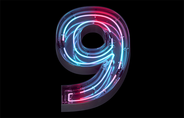 Metal neon mirror font. Ultraviolet light. Number 9.