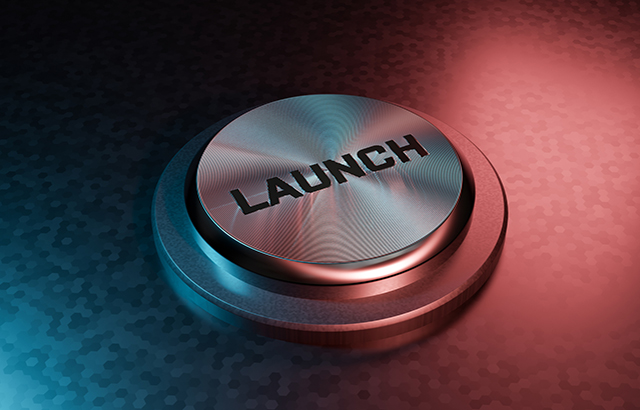 Button Launch Single word Launch on a shiny metallic button