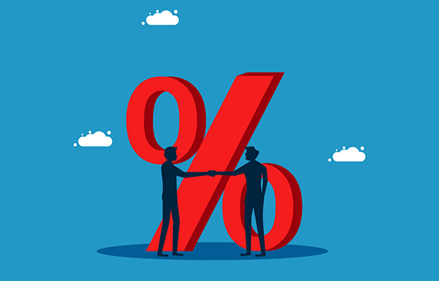 Businessmen shaking hands and negotiating to share percentage of benefits vector