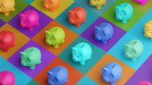 Array of piggy banks in saturated colours on high colour contrast background. Illustration of the concept of bank savings, financial investment and multiple sources of income