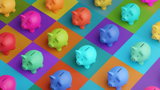Array of piggy banks in saturated colours on high colour contrast background. Illustration of the concept of bank savings, financial investment and multiple sources of income