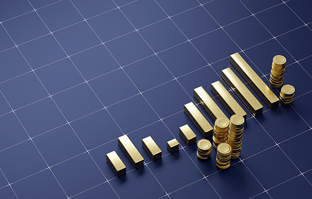 Golden financial chart stacks of gold coins on dark navy floor with a grid pattern