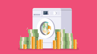 Washing machine laundering money. Business corruption concept.