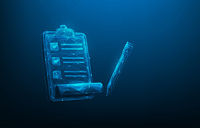 clipboard with checklist digital on blue dark background. Positive business marked. paper healthcare and medical check. work planning management. exam note technology. vector illustration digital.