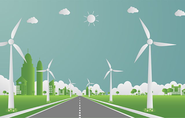Factory ecology,Industry icon,Wind turbines with trees and sun Clean energy with road eco-friendly concept ideas.vector illustration