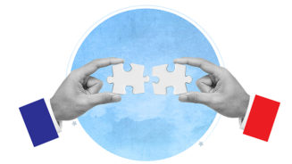 Business teamwork concept. Business solutions, success and strategy. Business people are merging two puzzle pieces. Modern art collage.