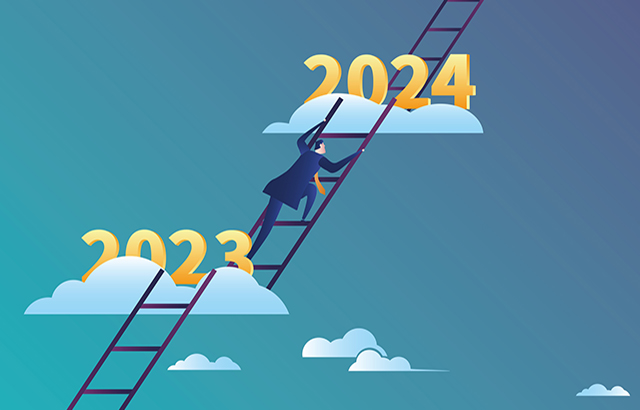 Business man climbs the ladder from 2023 to 2024