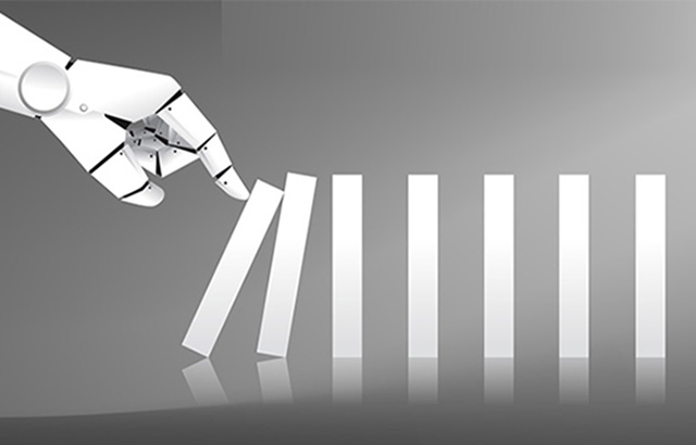 business concept of disruption of A.I. to make the domino effect.