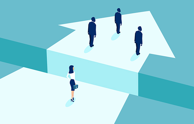 Gender discrimination in corporate culture concept. Vector of businesswoman lagging behind businessmen and divided by gap.